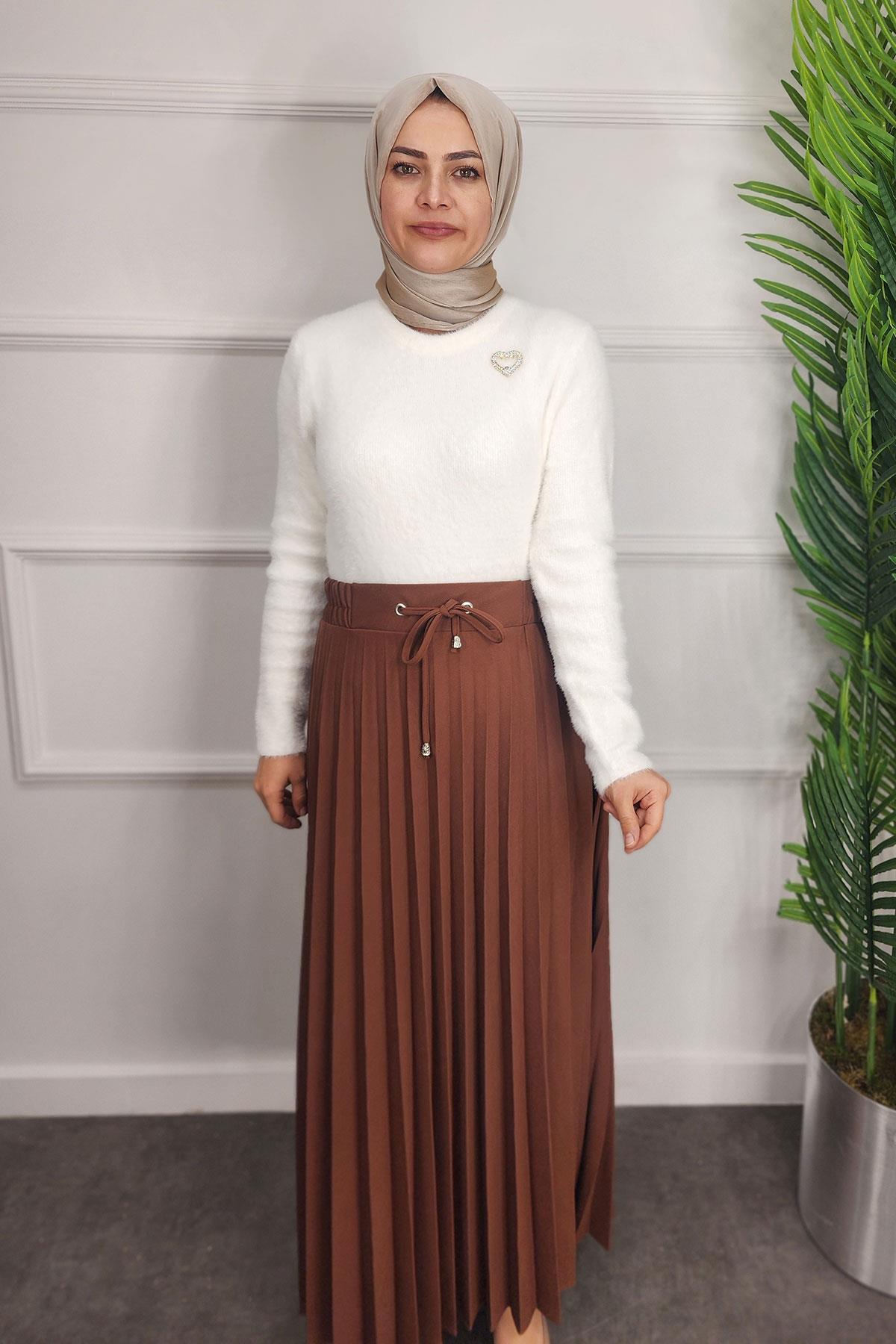Lastikli Pliseli Krep Etek - KAHVE