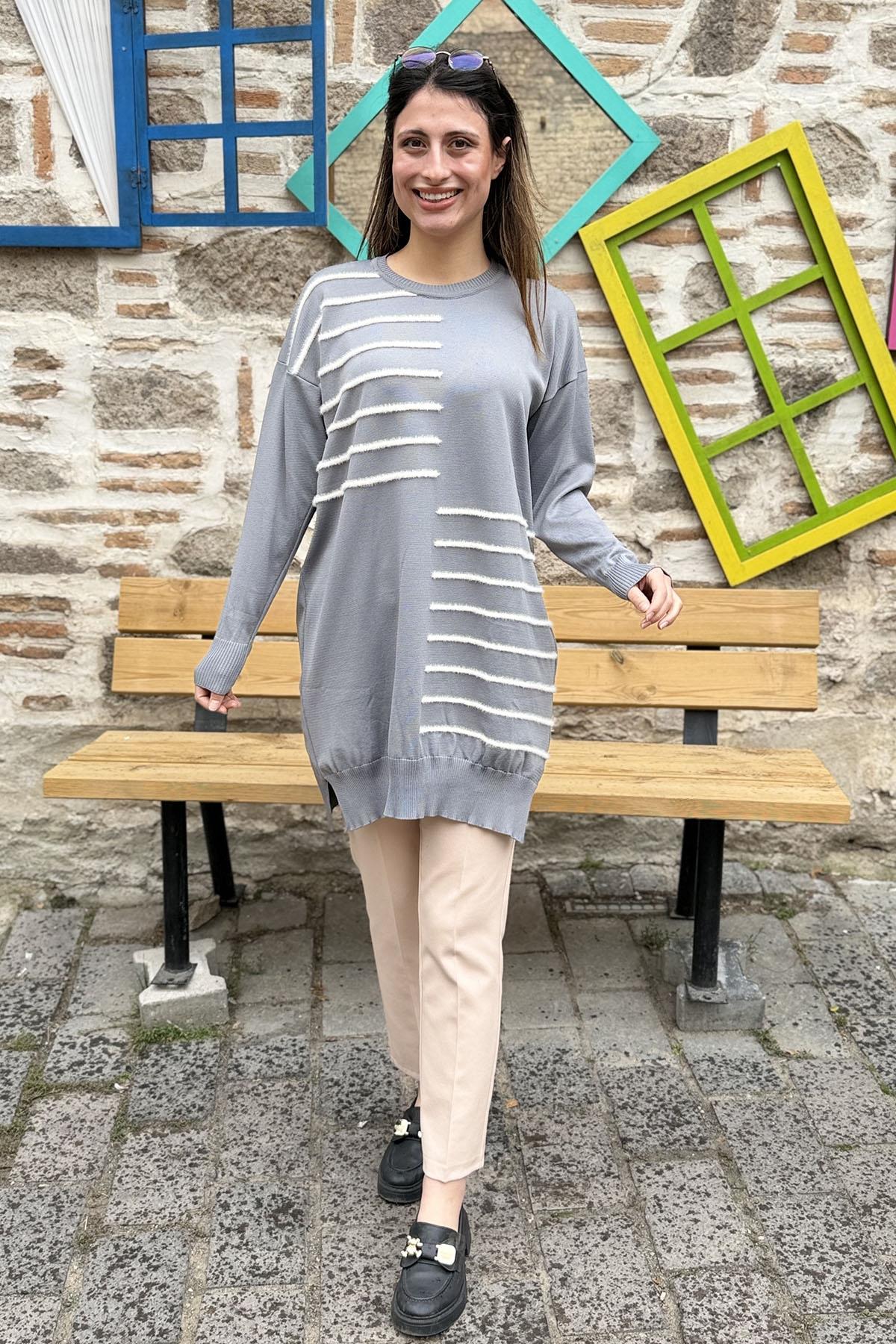 Asimetrik Çizgili Triko Tunik Kazak - GRİ