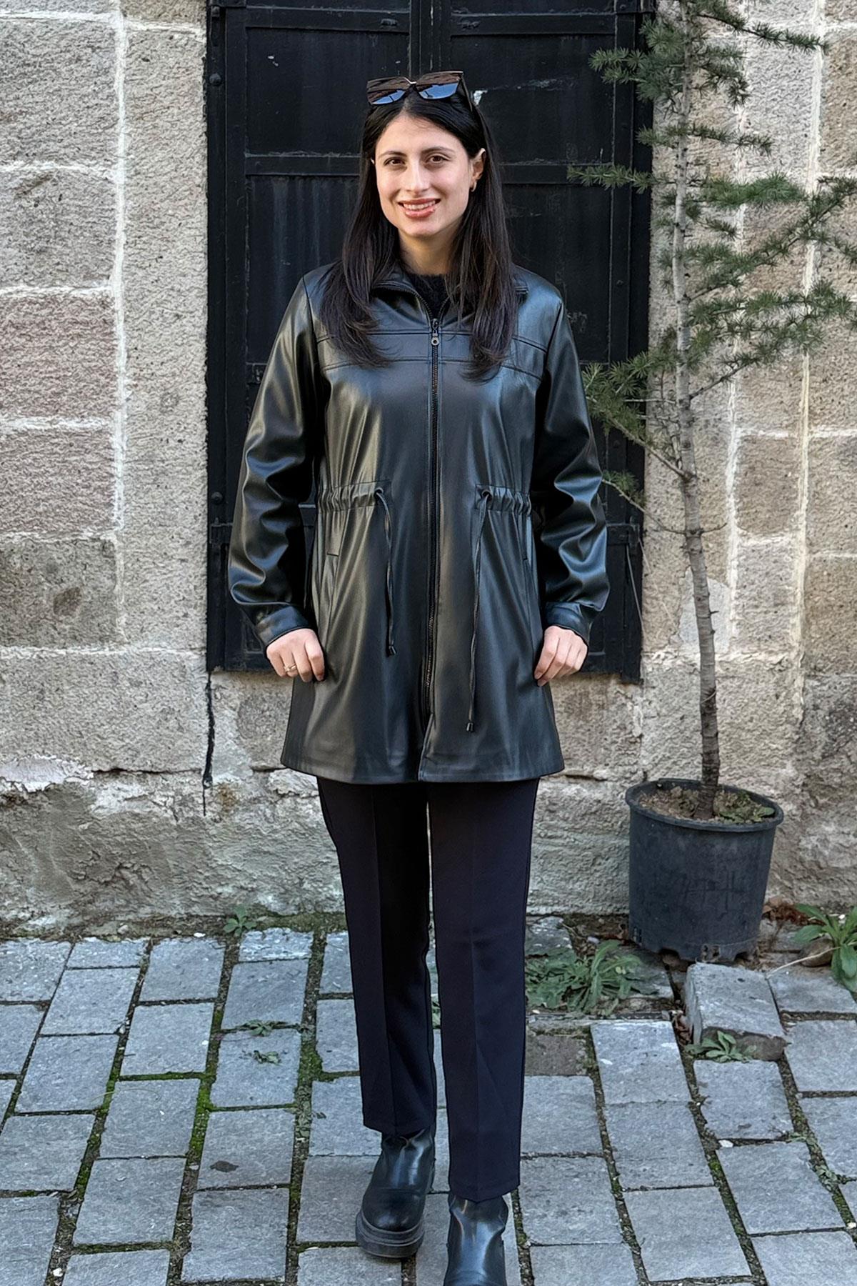 Belden Büzgülü Fermuarlı Deri Ceket - SİYAH