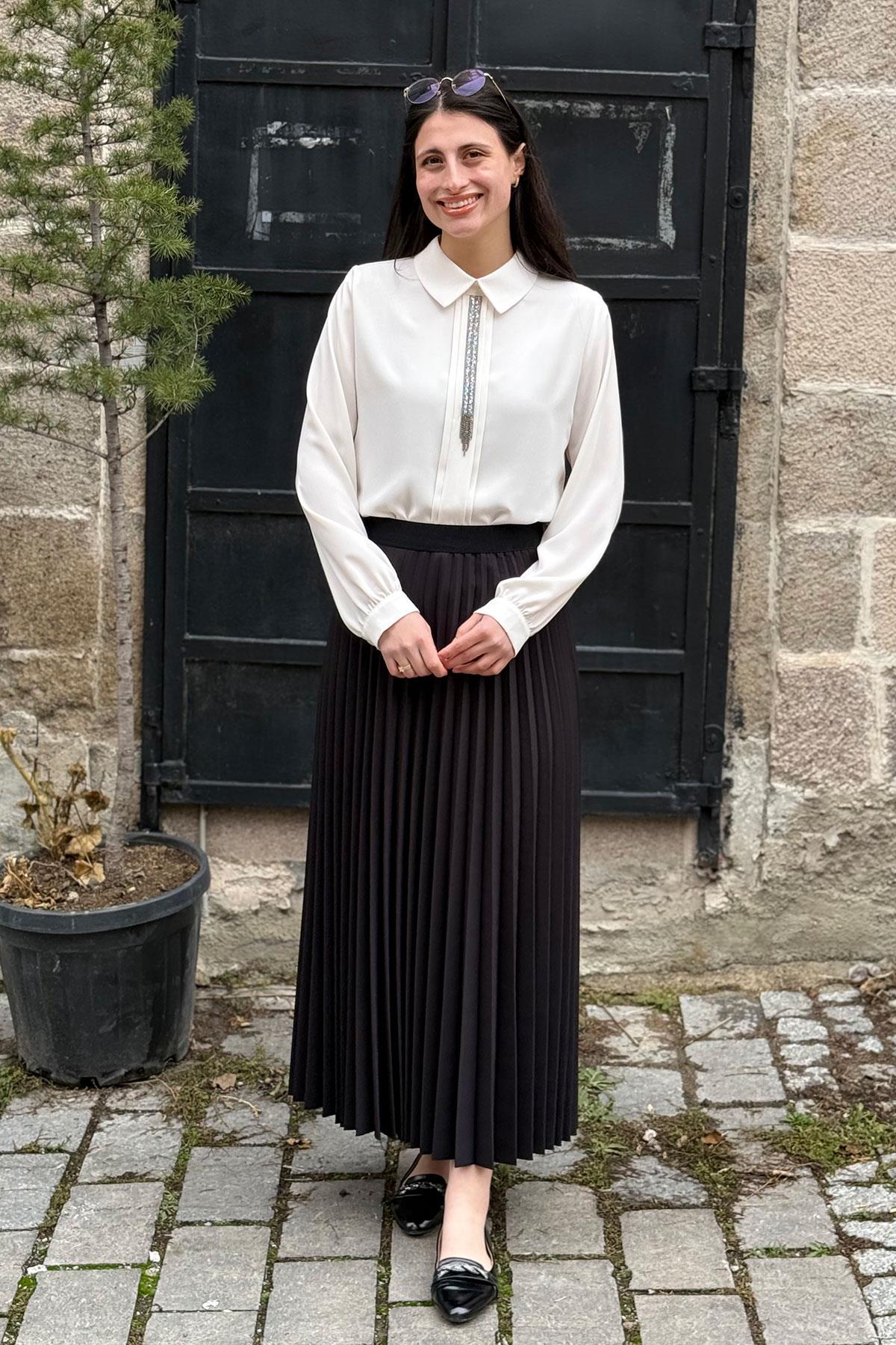 Beli Lastikli Piliseli Etek - SİYAH