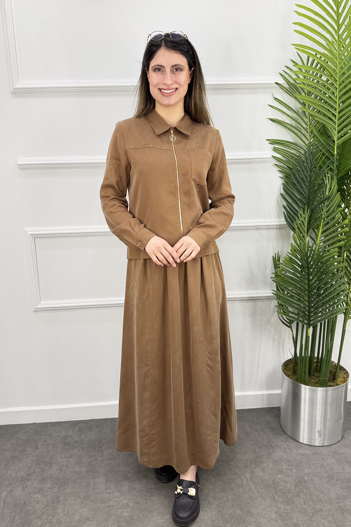 Fermuarlı Ceketli Etek Takım - CAMEL