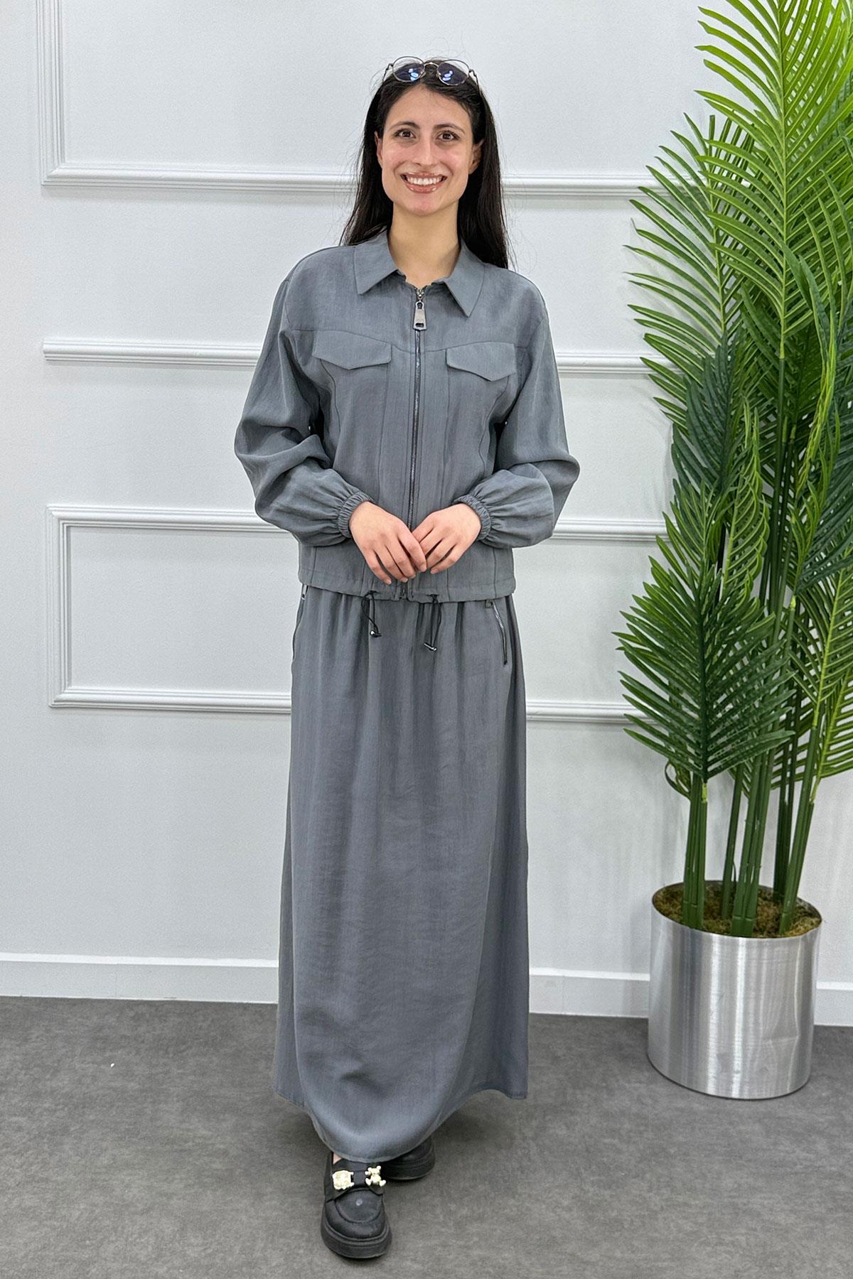 Gömlek Yaka Fermuarlı Ceket Etek Takım - Gri