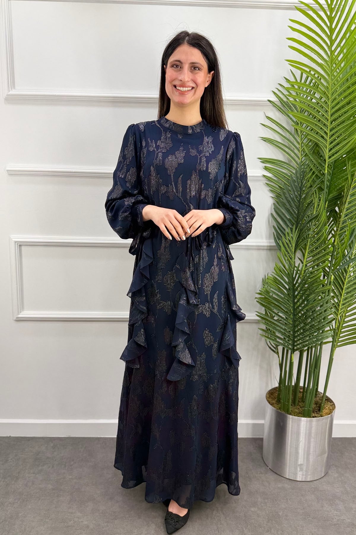 Jakarlı Belden Bağlamalı Elbise - LACİVERT