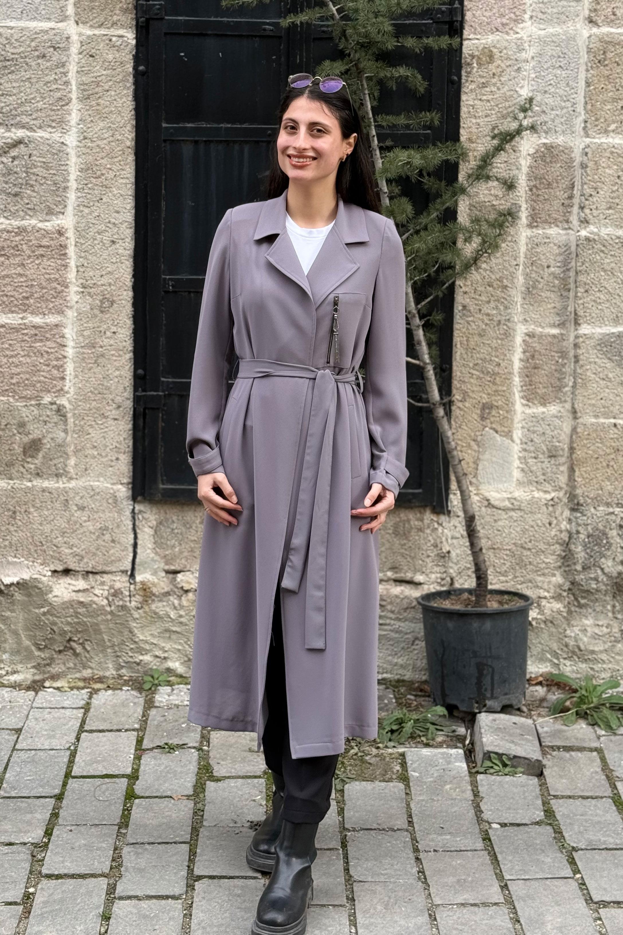 Kruvaze Yaka Belden Bağlamalı GiyÇık - GRİ