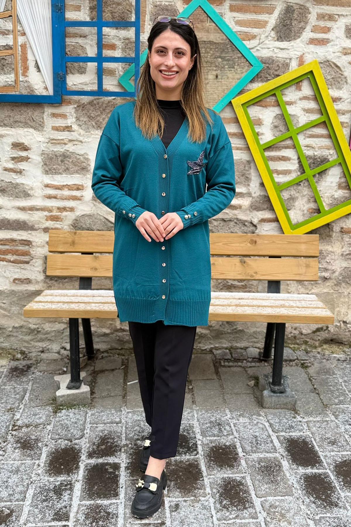 Kuş Nakışlı Pul Detaylı Triko Hırka - PETROL