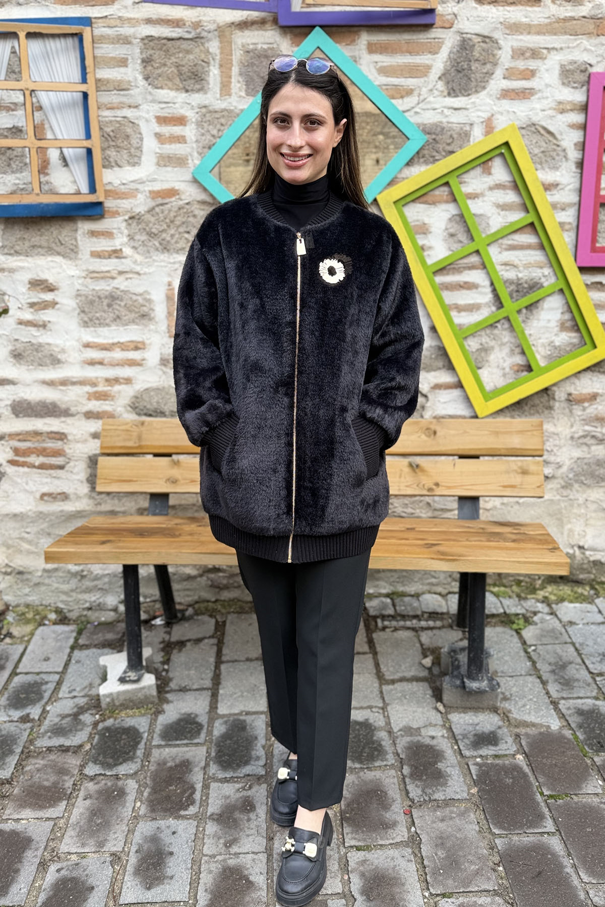 Ribana Detaylı Oversize Angora Kap - SİYAH