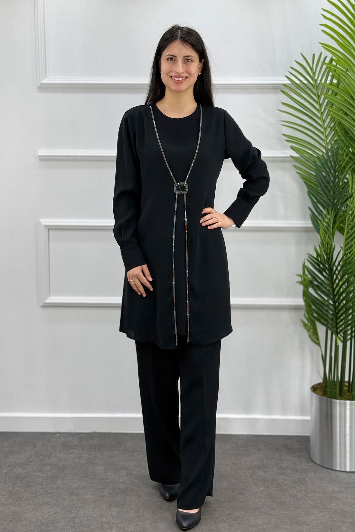 Taş Detaylı Tunik Pantolon Takım - SİYAH