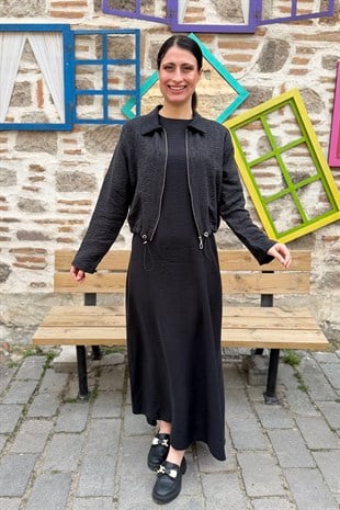Beli Ayarlanabilir Fermuarlı Ceketli Elbise Takım - SİYAH