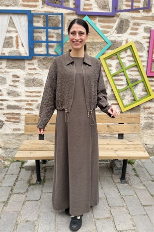 Beli Ayarlanabilir Fermuarlı Ceketli Elbise Takım - KAHVE