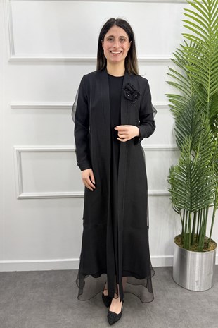 Çiçek Detaylı Organize Abaya Elbise - SİYAH