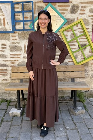 Çiçek Nakış Detaylı Fermuarlı Jileli Takım - KAHVE
