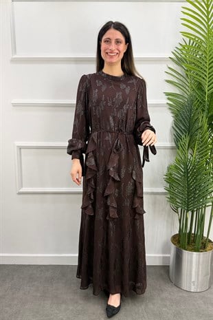 Jakarlı Belden Bağlamalı Elbise - KAHVE