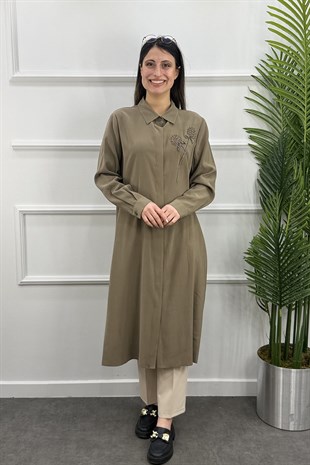 Nakış Detaylı Tencel Kumaş Tunik - HAKİ