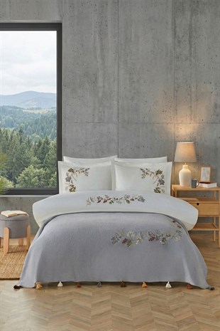 Nev Bloom Battaniyeli Nevresim Takımı 7 Parça - GRİ