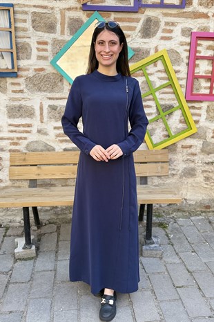 Yan Fermuar Detaylı Tensel Kumaş Tesettür Elbise - LACİVERT