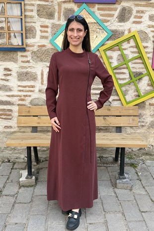 Yan Fermuar Detaylı Tensel Kumaş Tesettür Elbise - BORDO