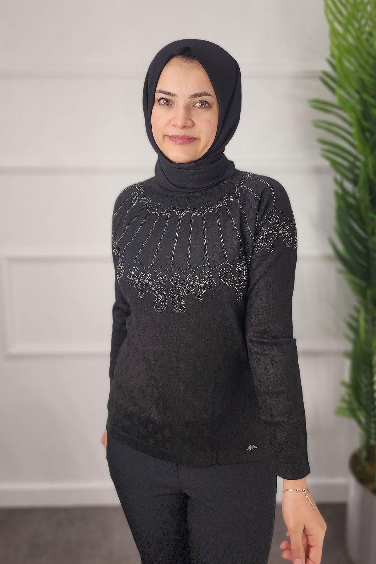 1524 AYLİN EKOSE BLUZ - Siyah
