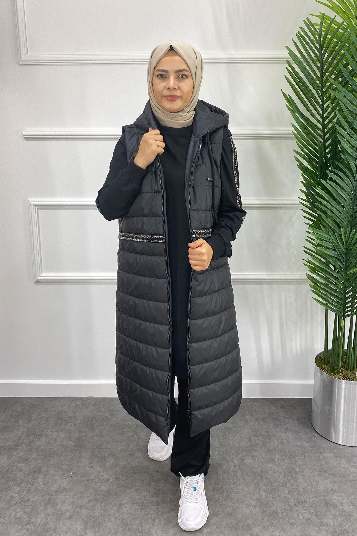 2490 PUREVA İKİ İPLİK TUNİK PANTOLON TAKIM KAPİTONE YELEK - Siyah