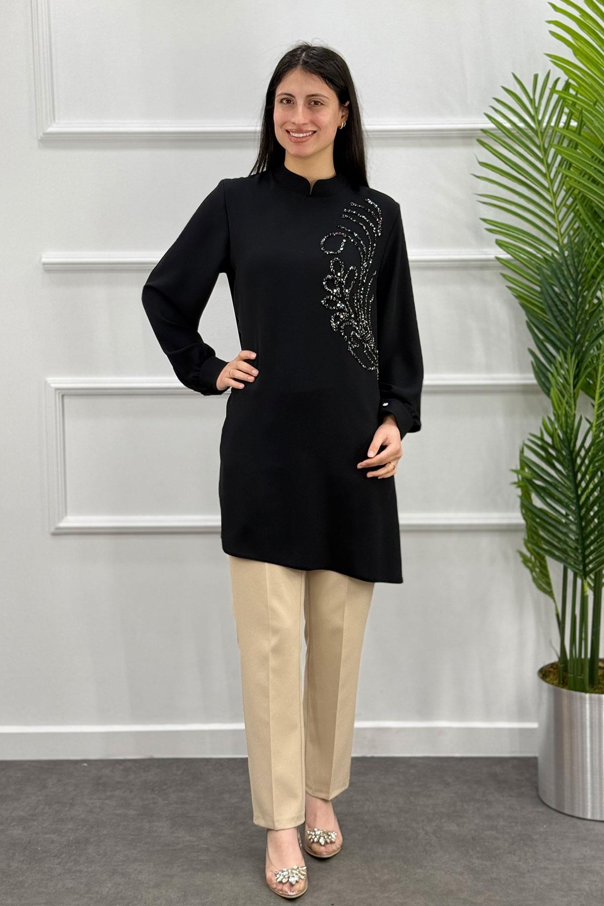 2504 Mor İpek Abiye Tunik - Siyah