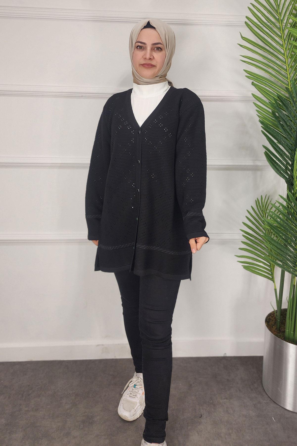 Düğmeli Anne Triko Hırka - SİYAH