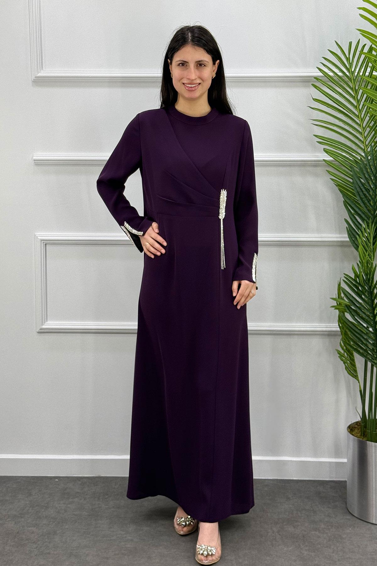 5113 Gaze Taşlı Elbise - Mürdüm