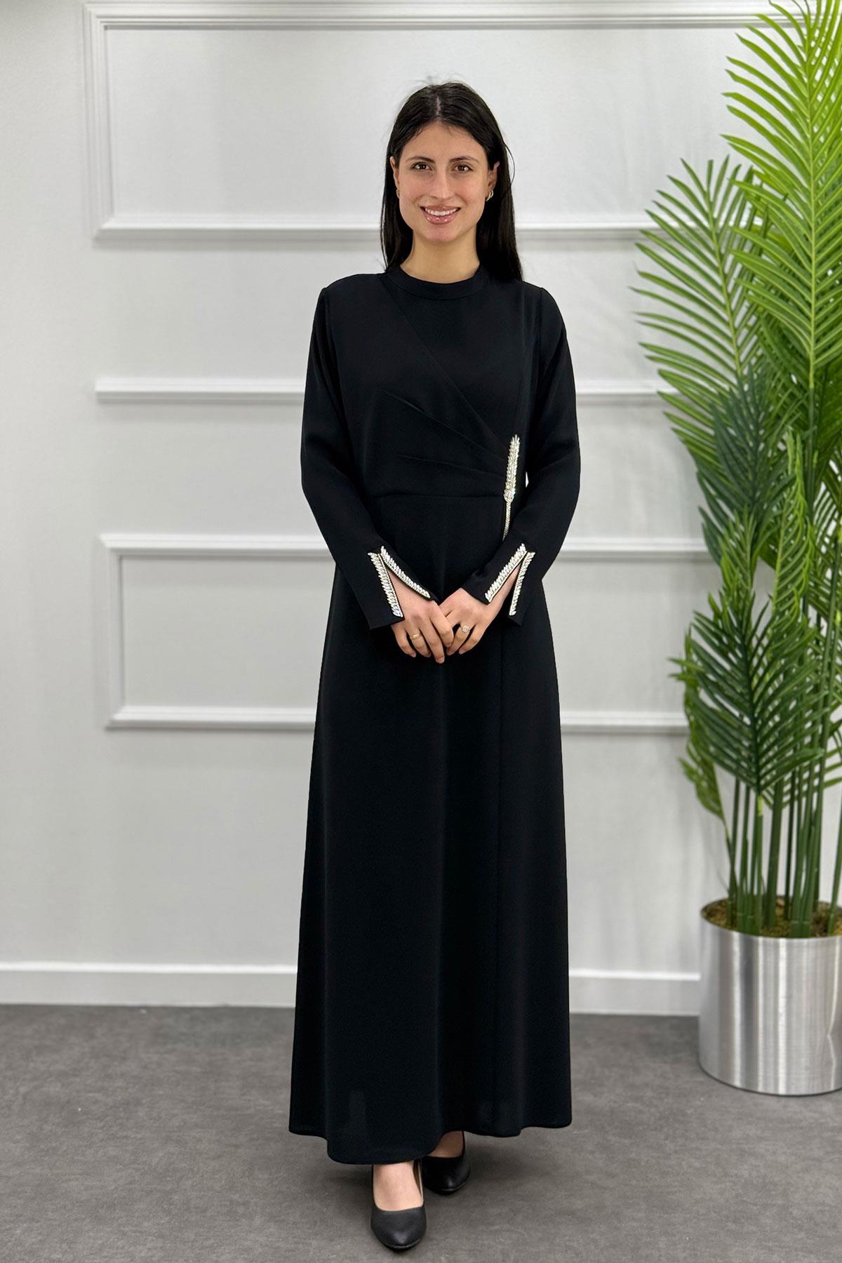 5113 Gaze Taşlı Elbise - Siyah