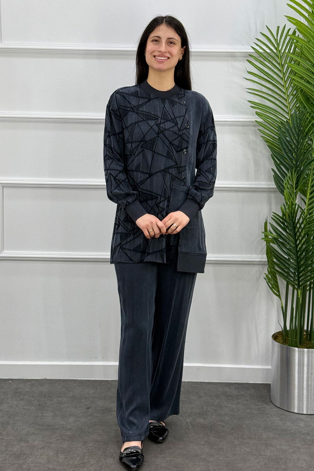 6071 Gaze Geometri Desenli Takım - Siyah