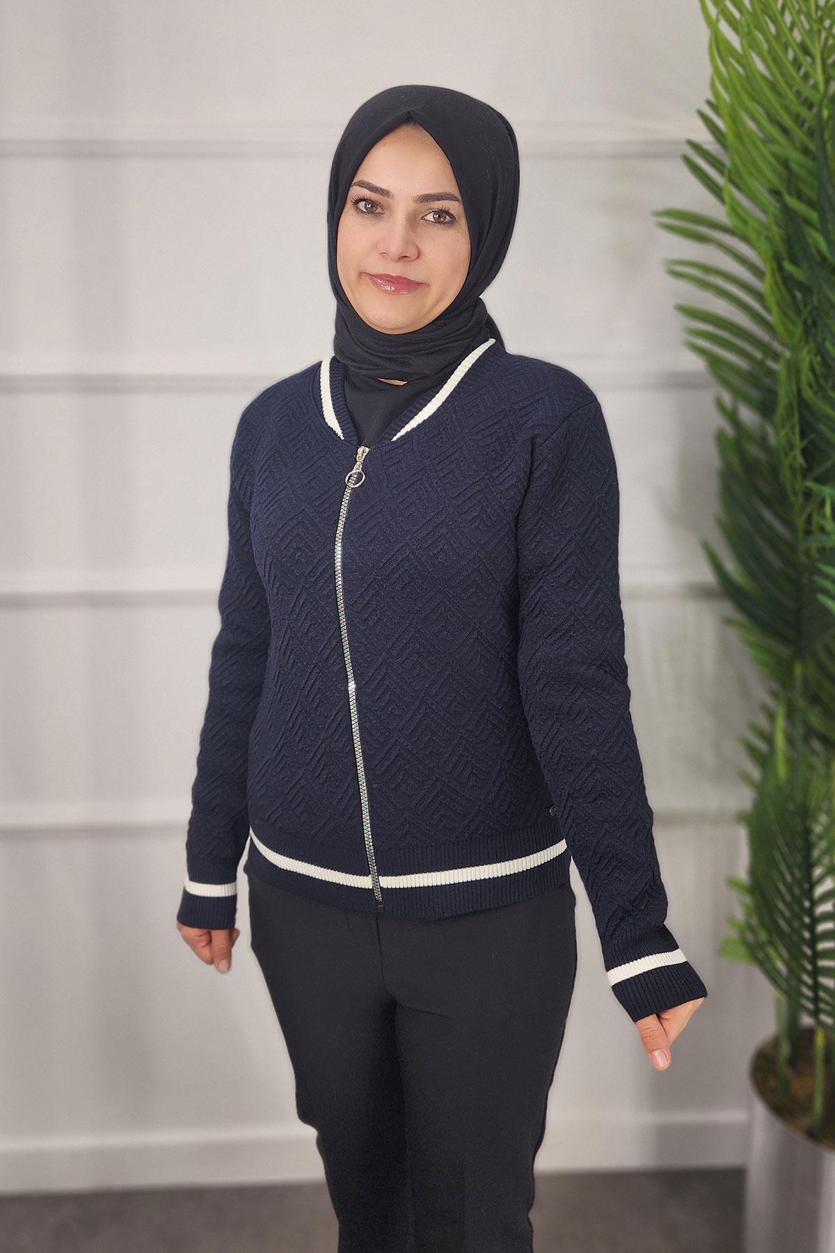 Ribanalı Desenli Kadın Hırka - LACİVERT