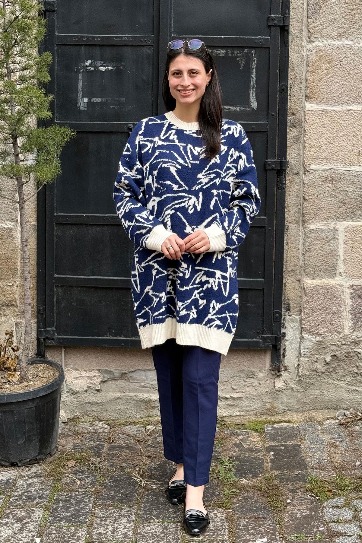 Angora Çizgi Baskı Desenli Tunik - LACİVERT