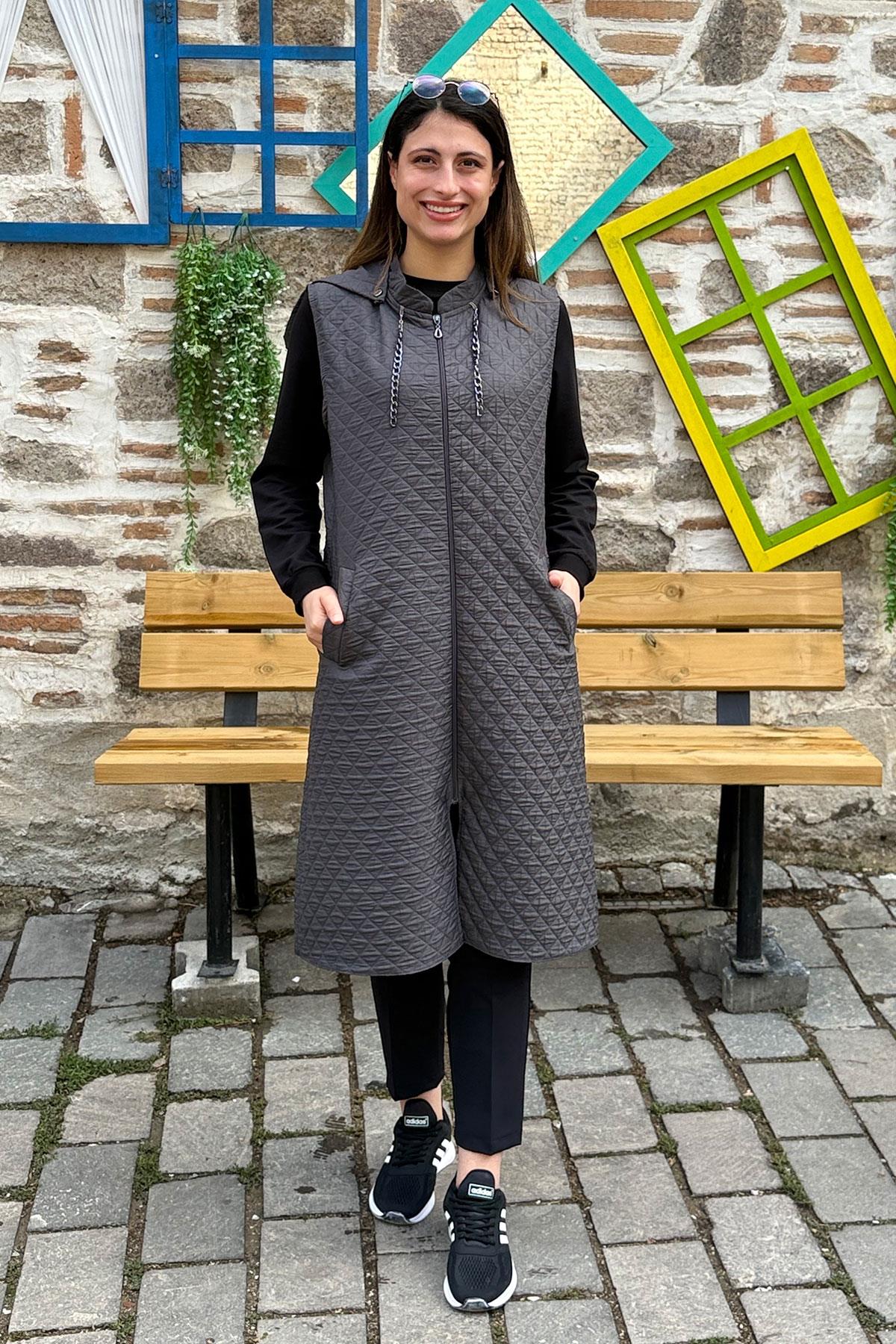 Baklava Desen İnce Kapitone Yelek - GRİ