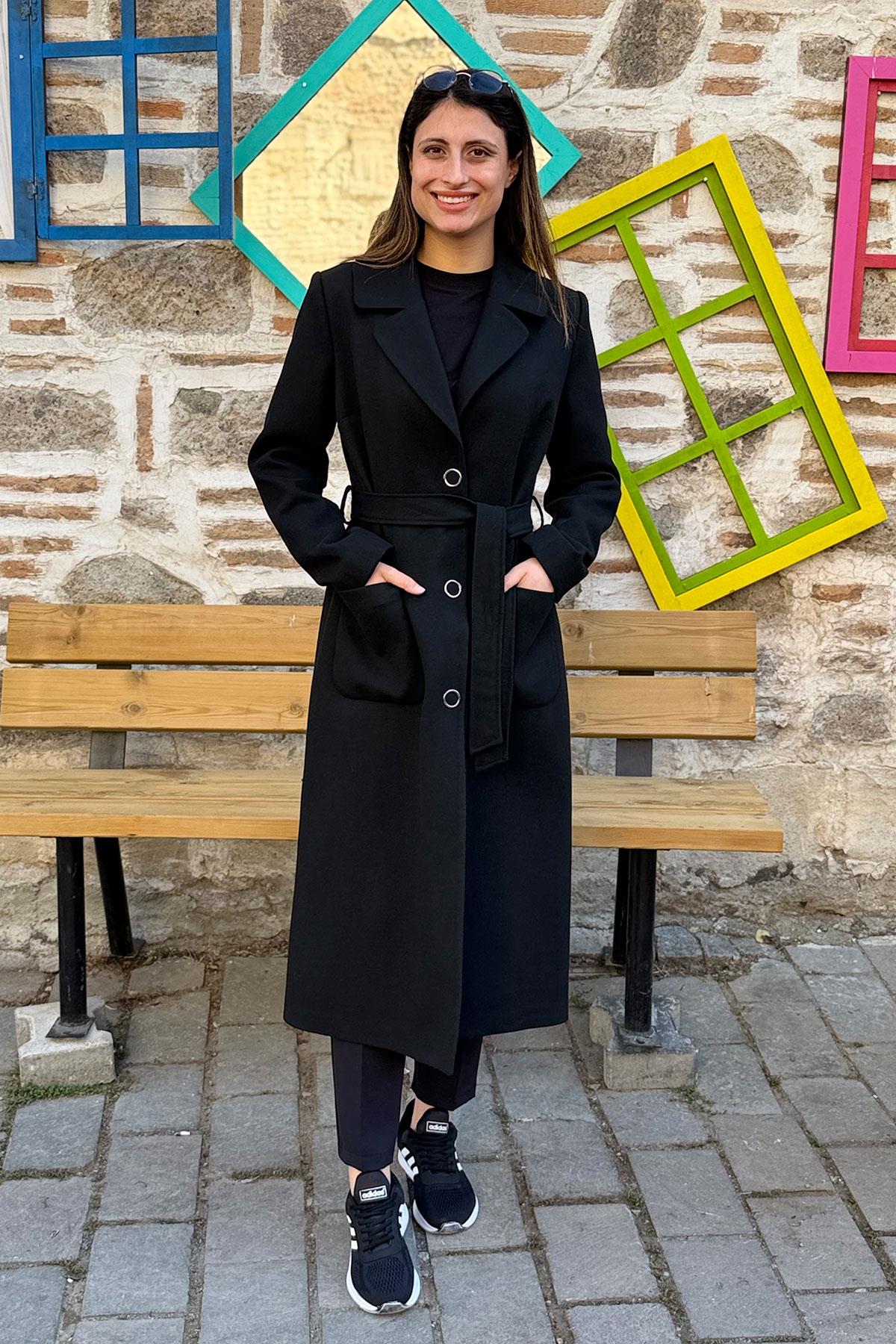 Belden Bağlamalı Kaşe Kaban - SİYAH