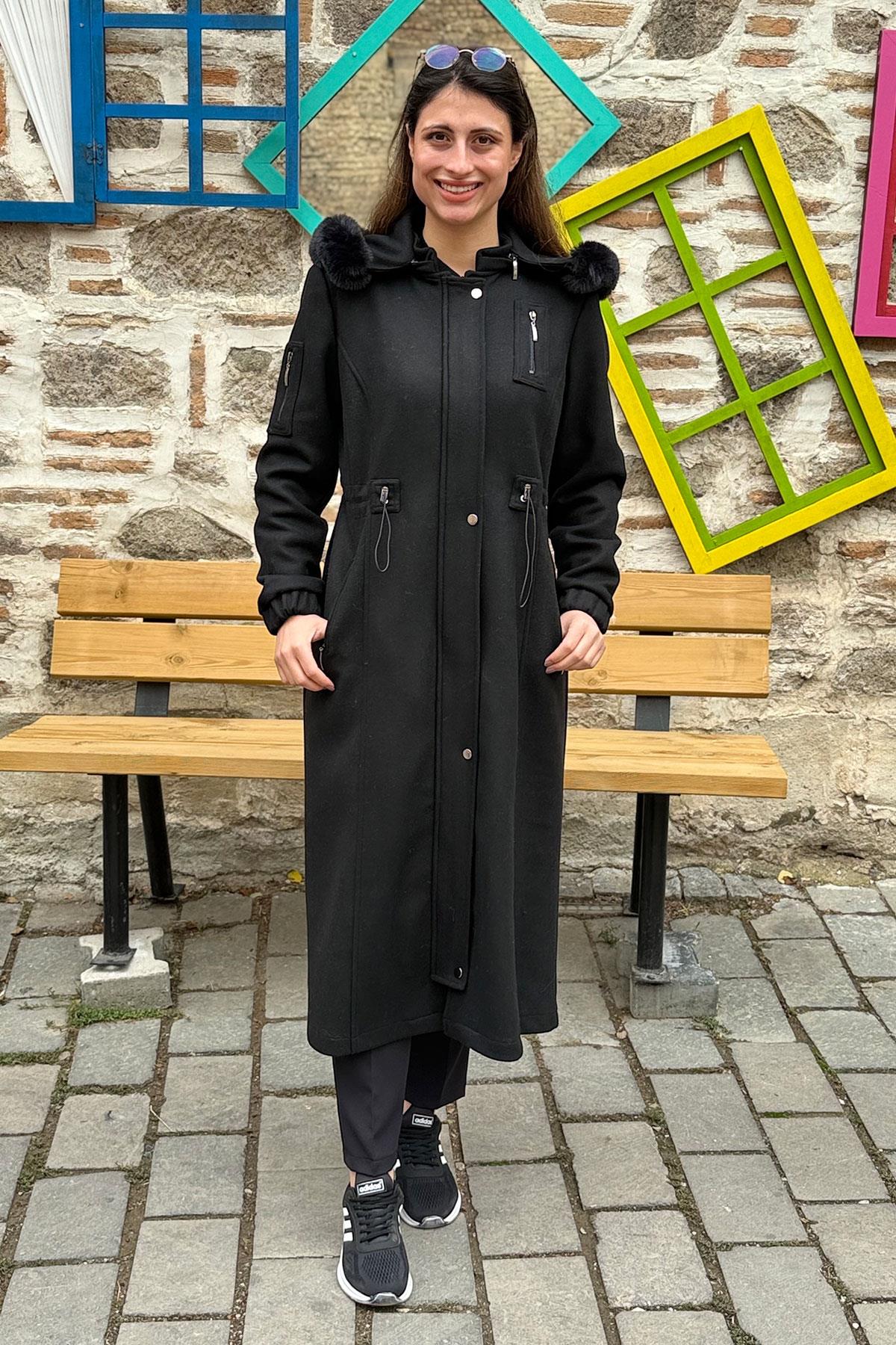 Belden Büzgülü Büyük Beden Kaban - SİYAH