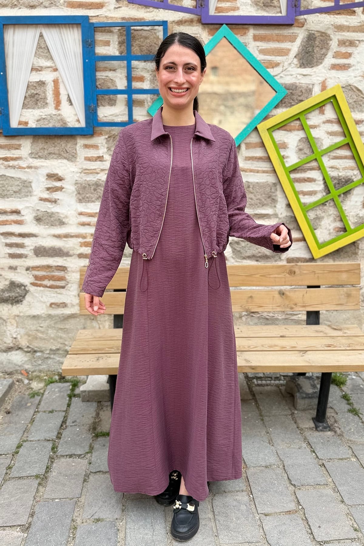 Beli Ayarlanabilir Fermuarlı Ceketli Elbise Takım - BORDO