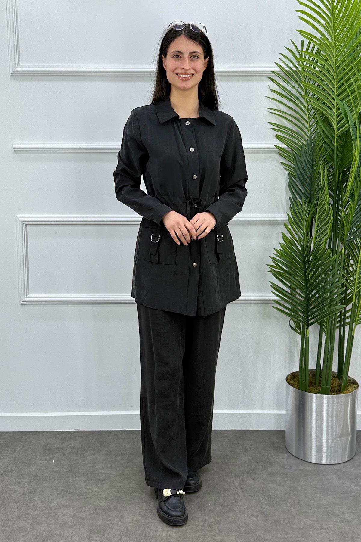 Beli Büzgülü Tokalı Cepli Ceket Pantolon Takım - Siyah