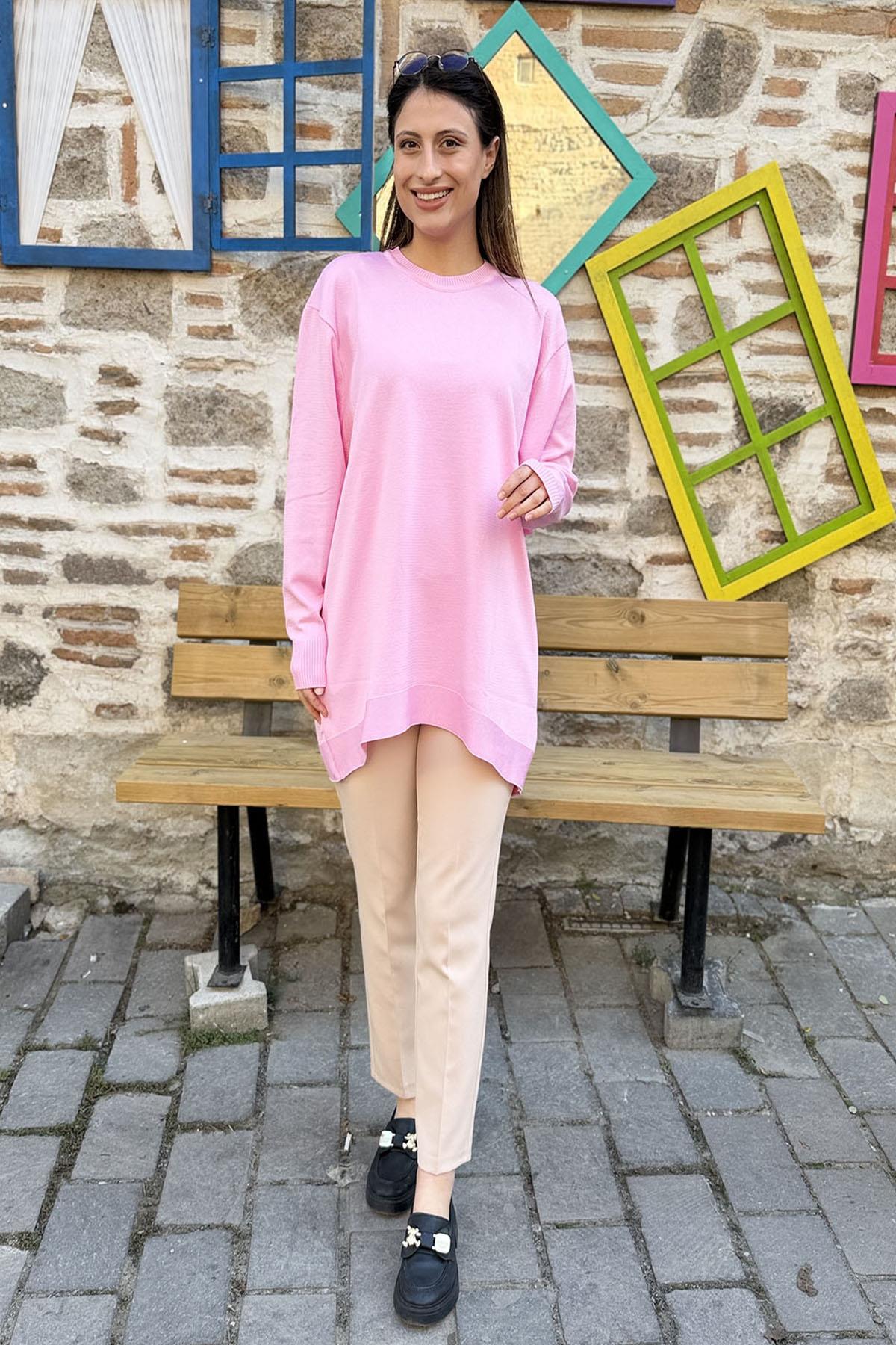 Bisiklet Yaka Rahat Kesim Triko Tunik – Pembe