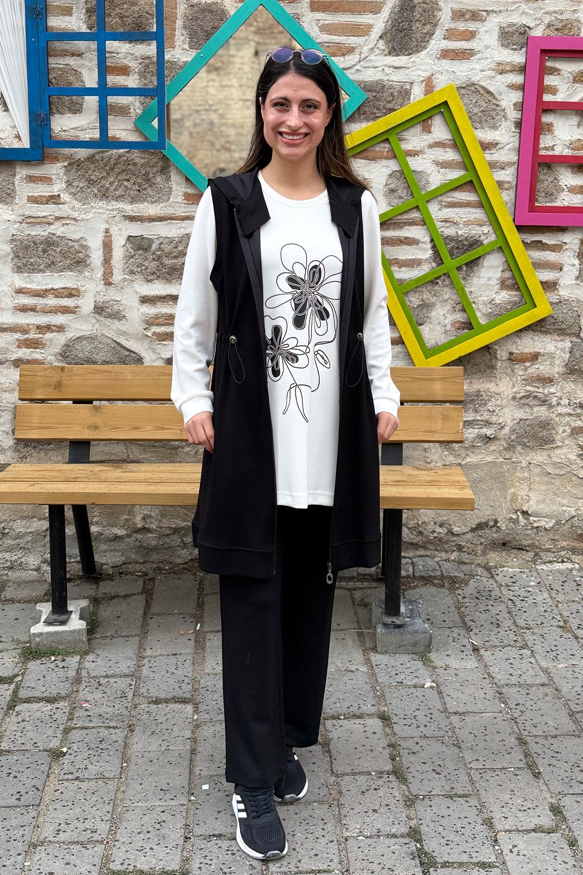 Çiçek Desenli Tunik Yelek Pantolon Üçlü Takım - SİYAH