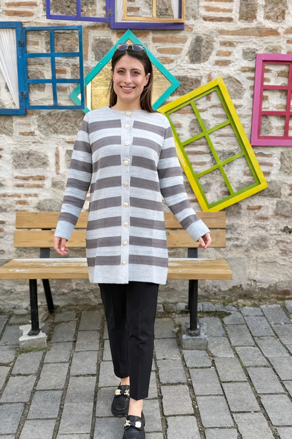 Çizgili Uzun Triko Hırka - AÇIK GRİ