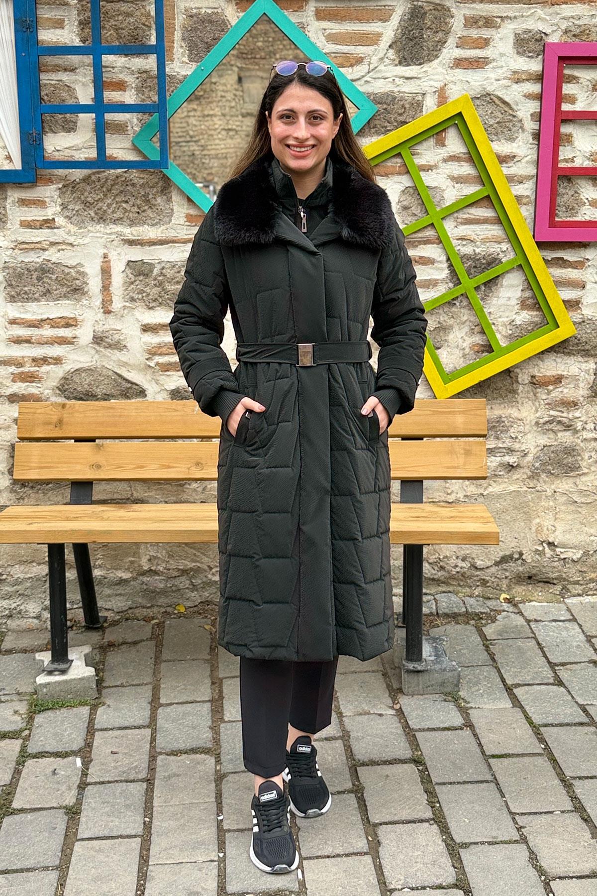 Cosmo Vazo Desen Kapüşonu Kürklü Kaban - SİYAH