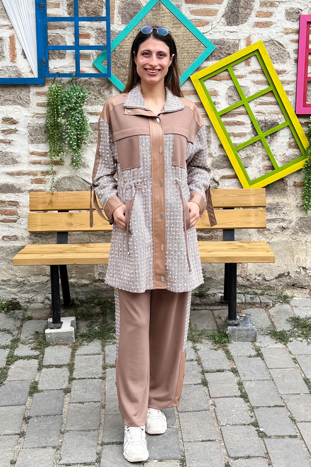 Deri Garnili Çıtçıtlı Tüvit Pantolonlu Takım - CAMEL