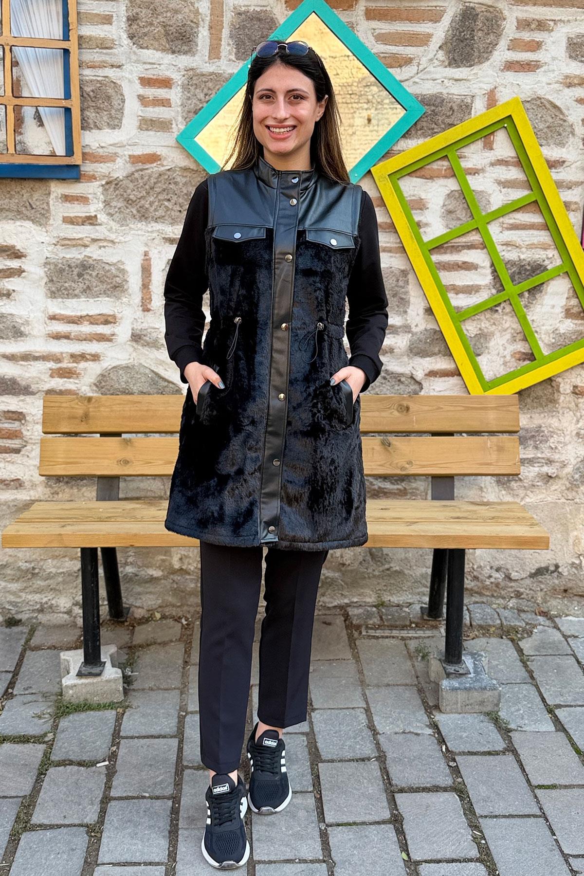 Deri Garnili Peluş Yelek - SİYAH