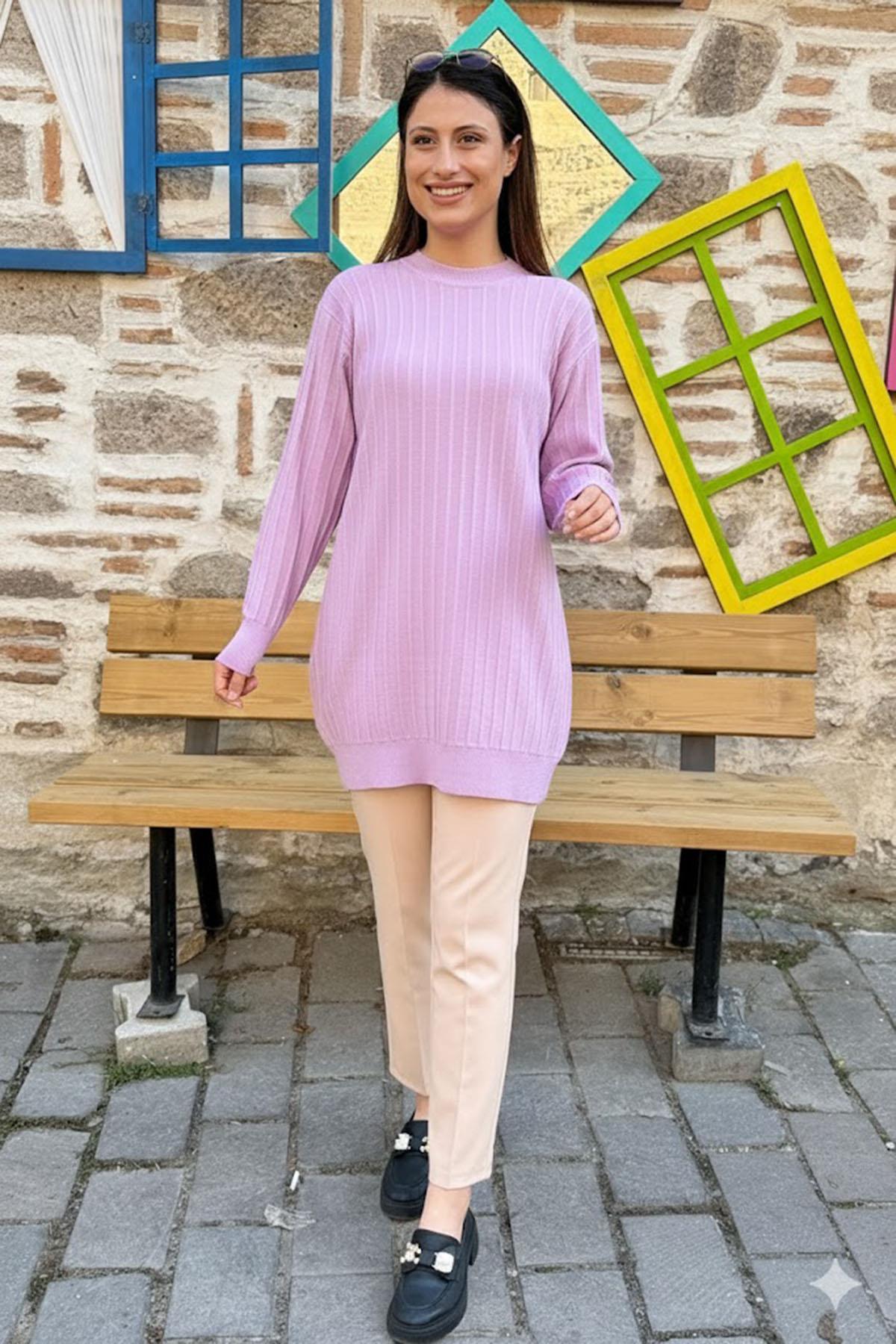 Dikey Dokulu Kadın Triko Tunik - Lila