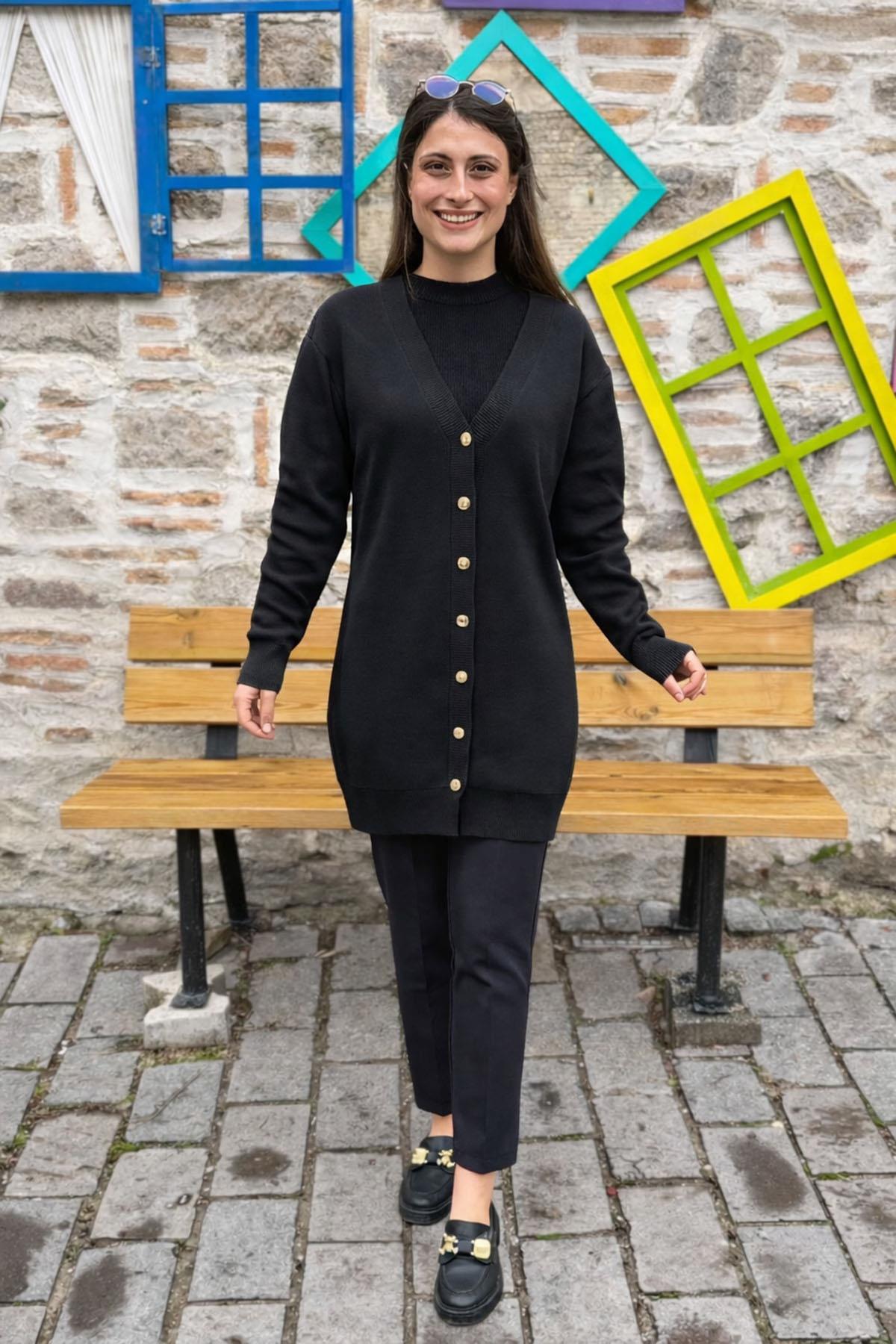 Düğmeli Triko Hırka - SİYAH