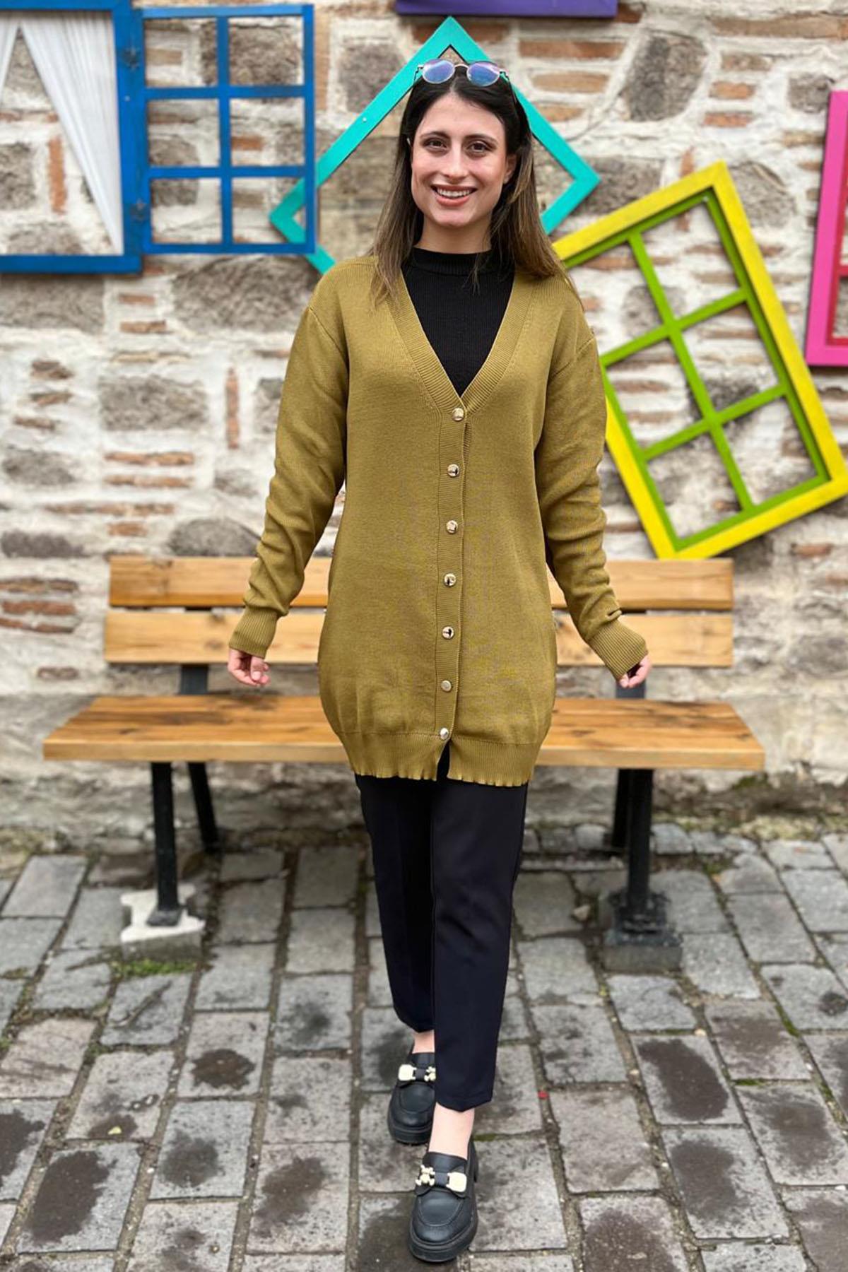 Düğmeli Triko Hırka - YAĞ YEŞİLİ