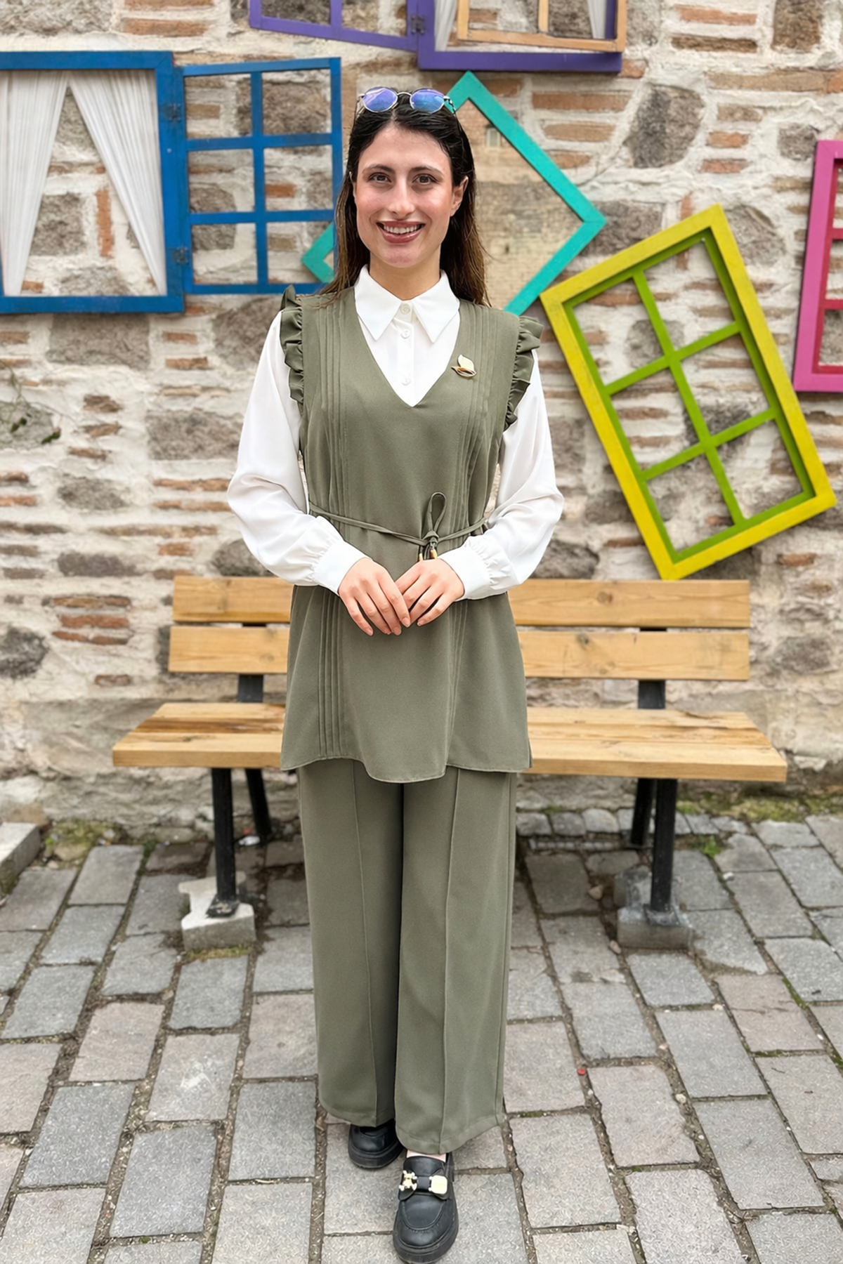 Fırfır Detaylı Piliseli Pantolon 3'lü Takım - HAKİ