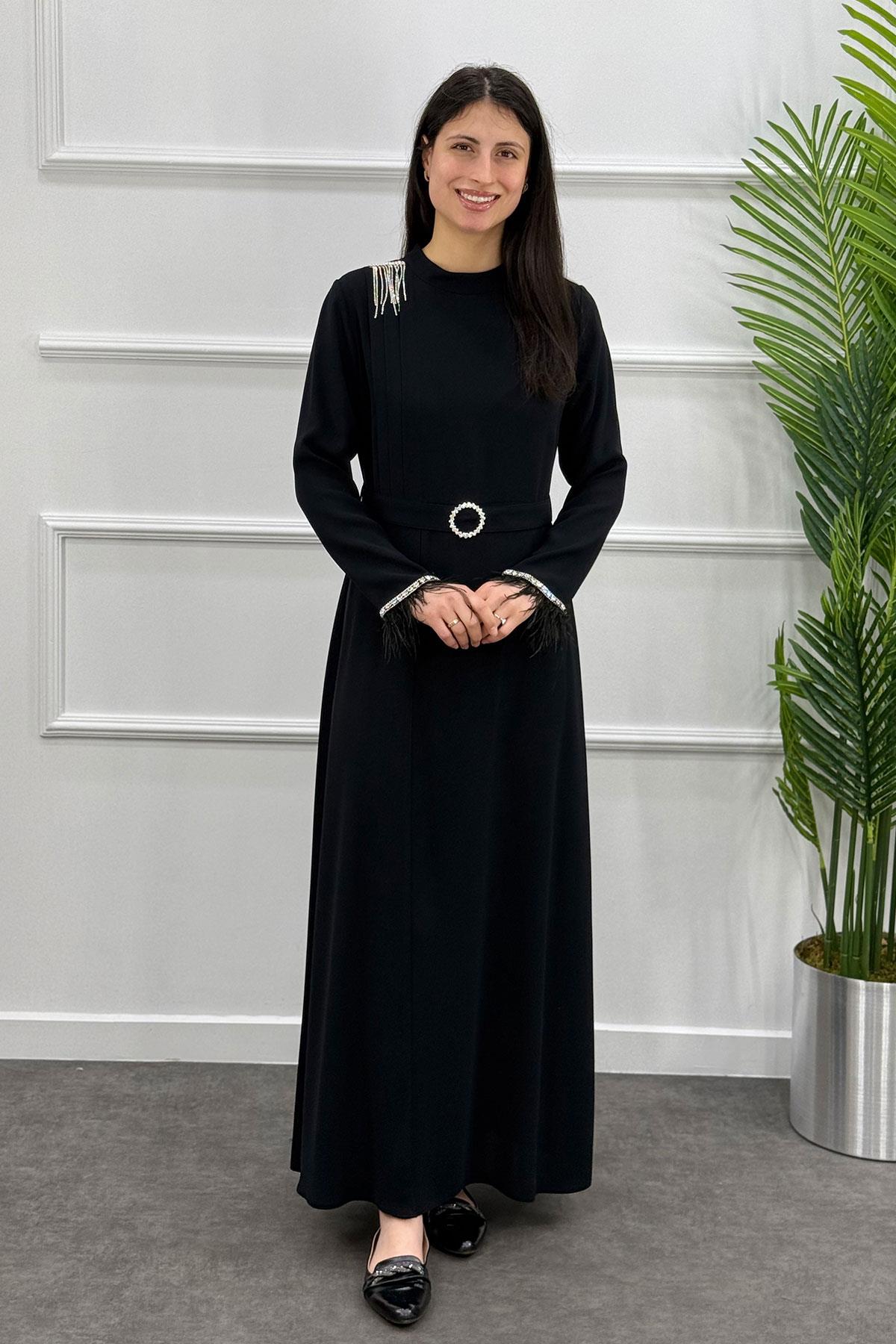 5034 Gaze Kol Tüylü Elbise - Siyah