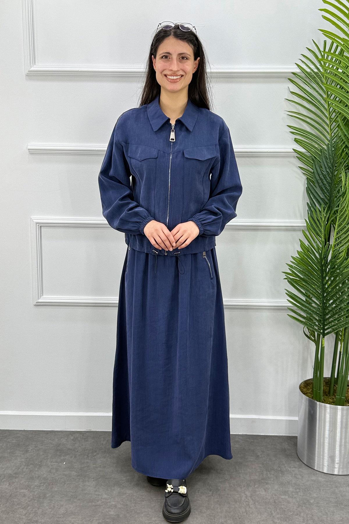 Gömlek Yaka Fermuarlı Ceket Etek Takım - İndigo