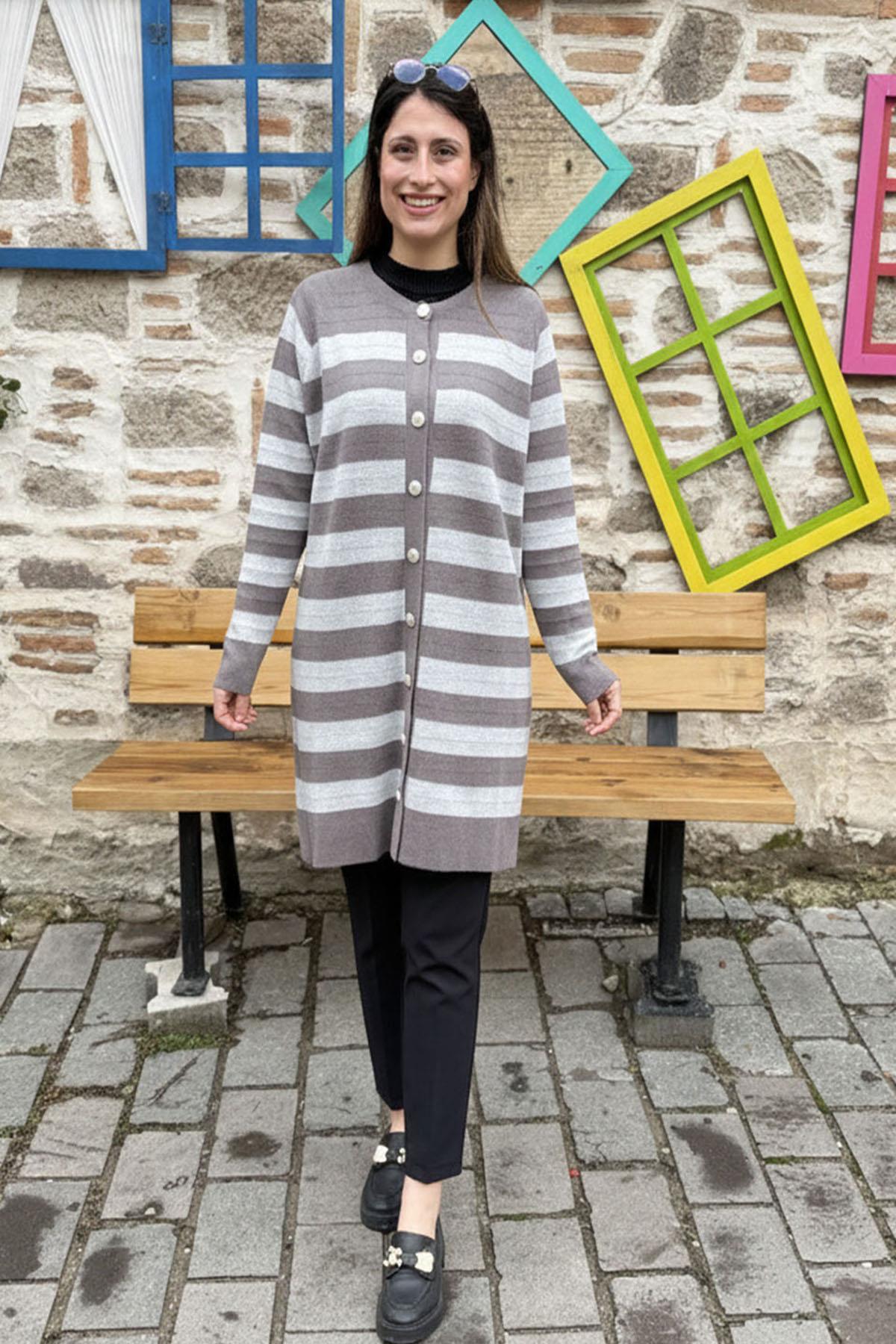 Gri Çizgili Uzun Triko Hırka - GRİ