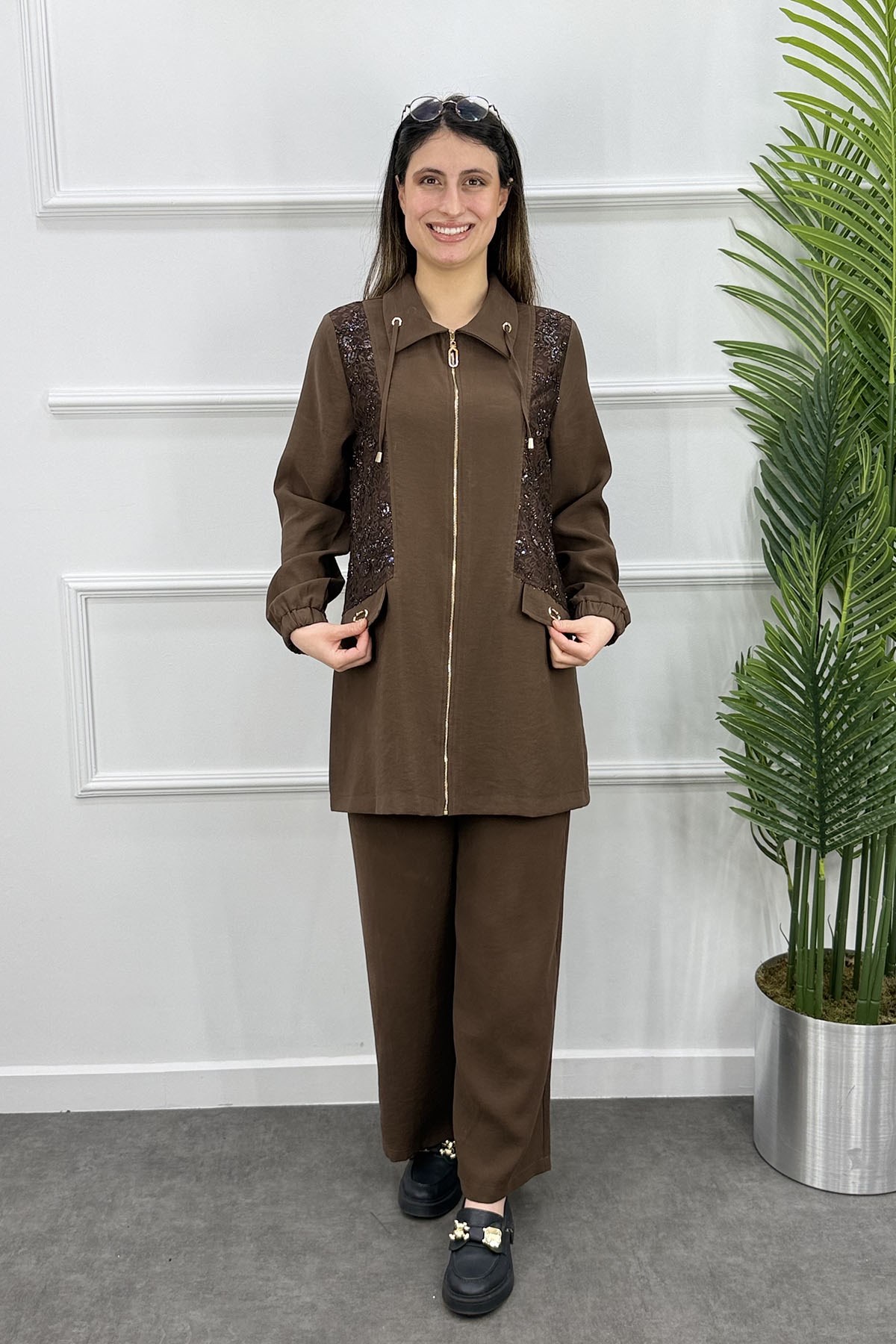 Güpürlü Cep Çakmalı Tencel Takım - KAHVE