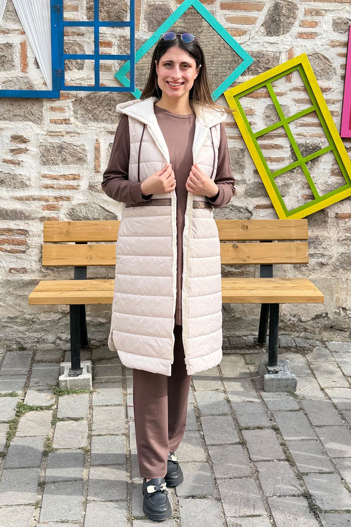 İki İplik Tunik Pantolon Takım Kapitone Yelek - BEJ