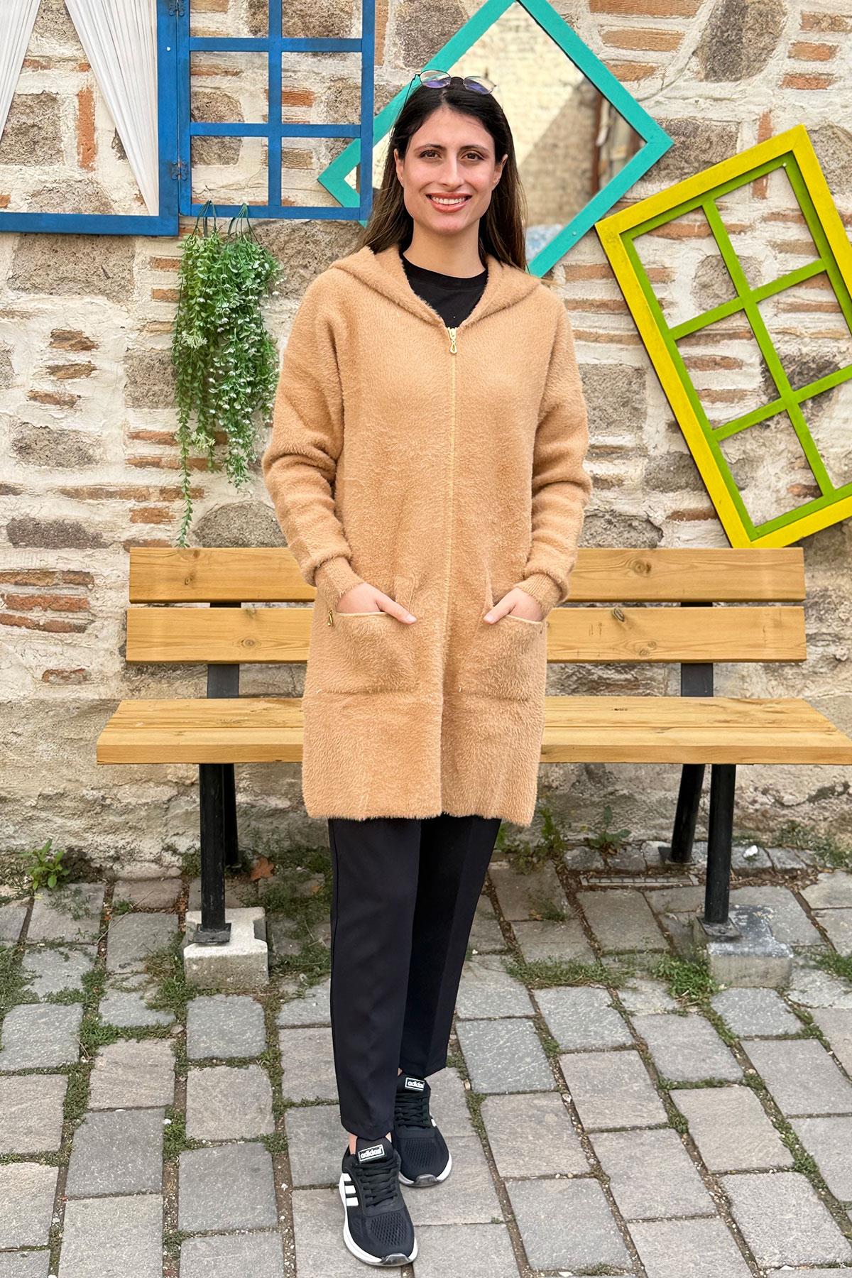 Kapüşonlu Angora Hırka - CAMEL